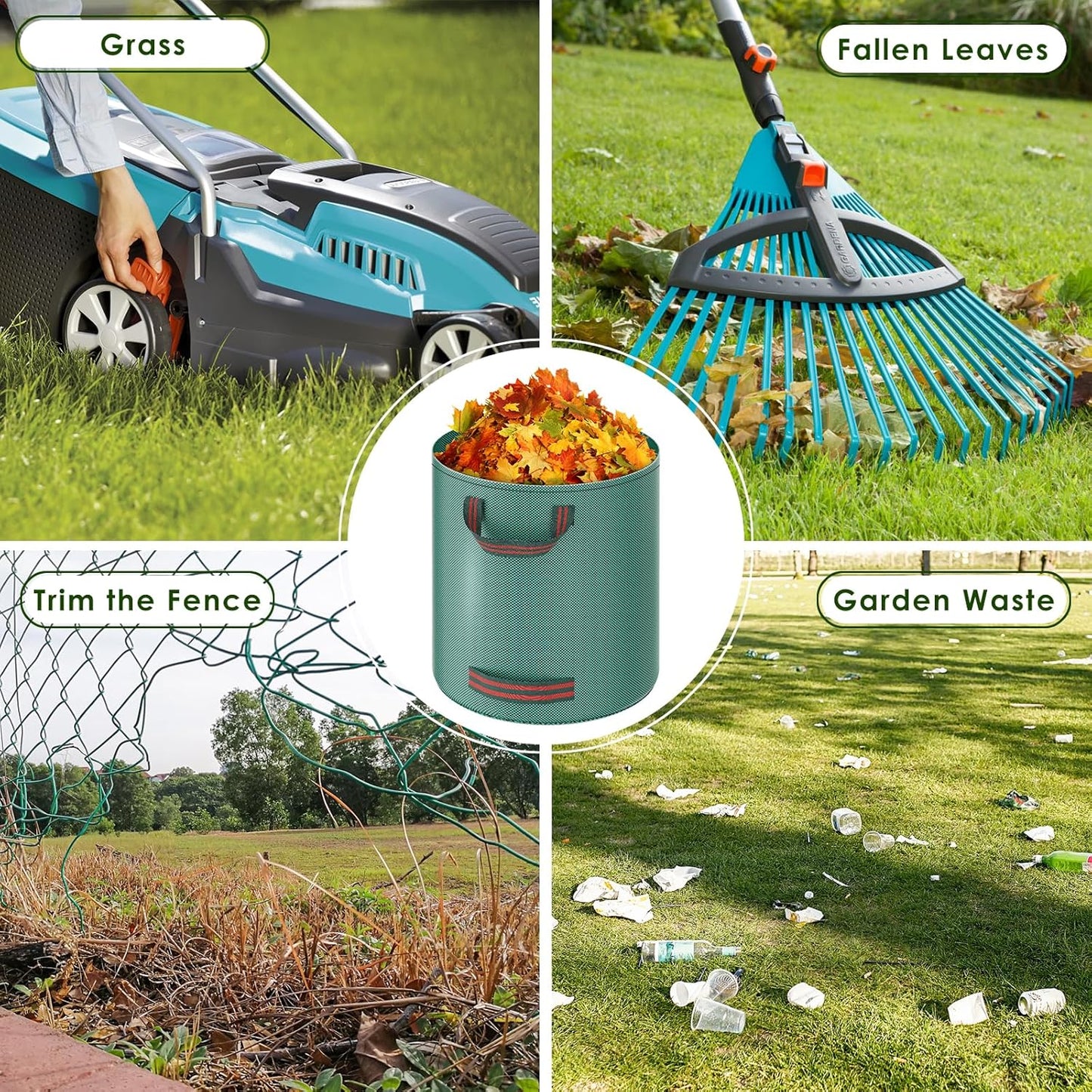 Pfloge® 3X 272L Gartenabfallsack, Gartensack mit 4 Griffe, Wasserdicht, Selbststehend, Laubsack Haltbar Korrosionsbeständig für Gartenabfälle und Grünschnitt