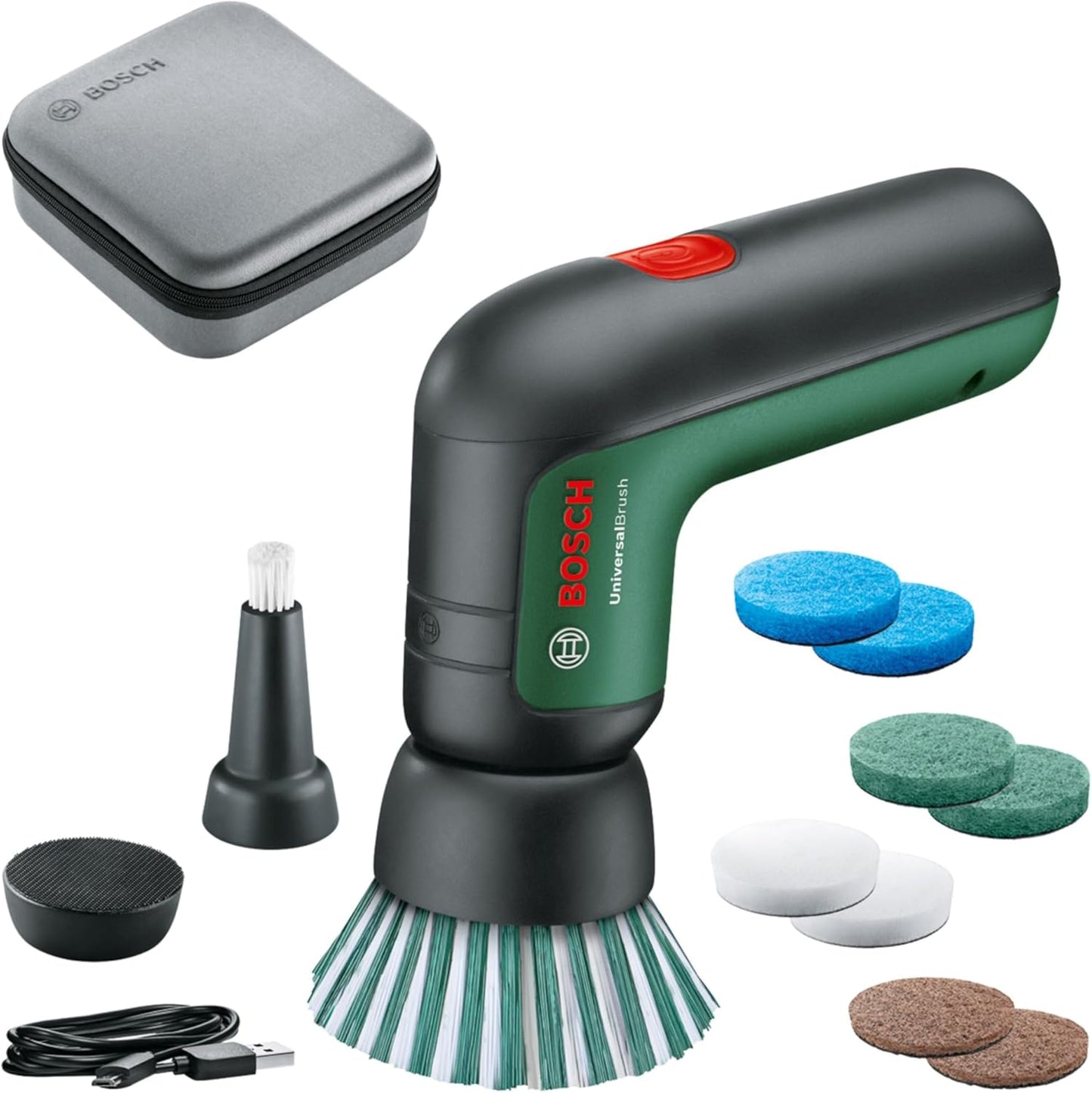 Bosch Elektro-Reinigungsbürsten-Set UniversalBrush (für Badezimmer Fliesen, Küchenherd, Pfannen, Töpfe und mehr; 10 Reinigungsaufsätze enthalten; 3,6 V integrierter Akku; Micro-USB-Kabel; in Tasche)