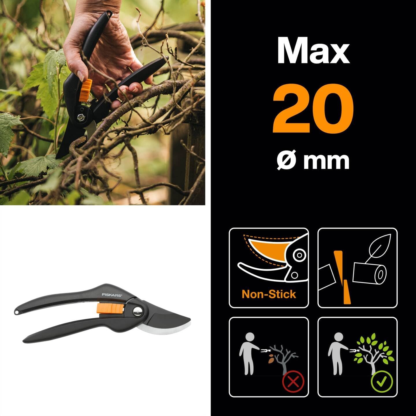 Fiskars Bypass-Gartenschere für frische Äste und Zweige, Antihaftbeschichtet, Hochwertige Stahl-Klingen, Länge: 20 cm, Schwarz/Orange, SingleStep, P26, 1000567