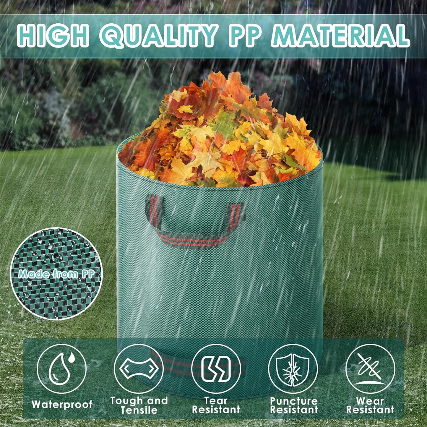 Pfloge® 3X 272L Gartenabfallsack, Gartensack mit 4 Griffe, Wasserdicht, Selbststehend, Laubsack Haltbar Korrosionsbeständig für Gartenabfälle und Grünschnitt